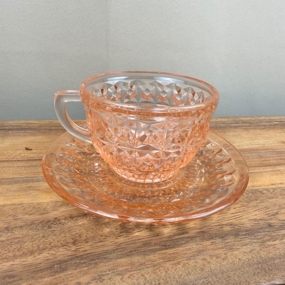 Jeannette Glass Holiday Pink Depression Glass Tea Cup and Saucer Set Vintage
